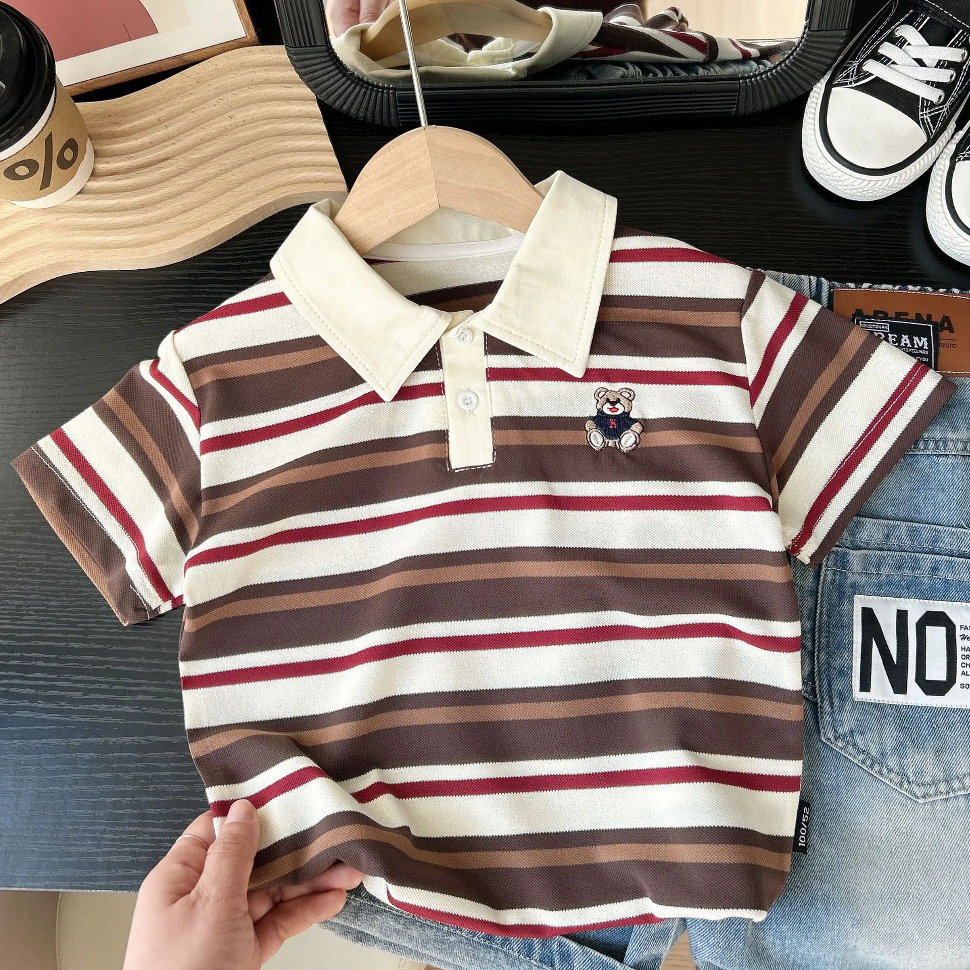 2025 Summer Children Boys Tees Casual Short Sleeve Stripe Cotton Thin Kids Boys T-shirts Embroidery Bear 3-8 Years Boys Tops