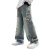 New Fashion Teenager Boys Denim Wide Leg Pants Child Trousers Spring Autumn Star Splicing Raw Edge Jeans 5-14 Yrs Kids Trousers
