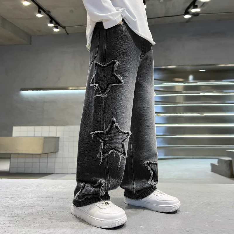 New Fashion Teenager Boys Denim Wide Leg Pants Child Trousers Spring Autumn Star Splicing Raw Edge Jeans 5-14 Yrs Kids Trousers
