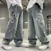 New Fashion Teenager Boys Denim Wide Leg Pants Child Trousers Spring Autumn Star Splicing Raw Edge Jeans 5-14 Yrs Kids Trousers