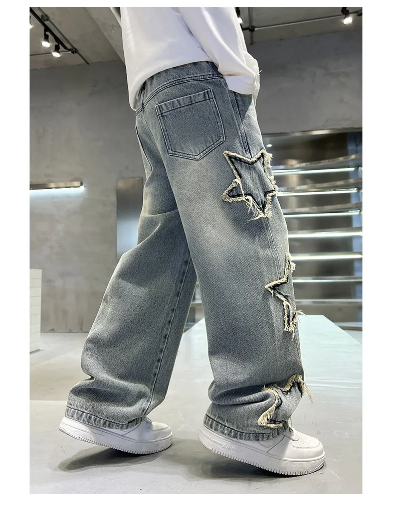 New Fashion Teenager Boys Denim Wide Leg Pants Child Trousers Spring Autumn Star Splicing Raw Edge Jeans 5-14 Yrs Kids Trousers