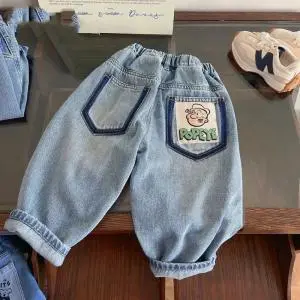 Spring Autumn Boys Jeans Simple Loose Casual Cartoon Pocket Toddler Boys Straight Pants Stretch Ripped Kids Baby Boys Pants