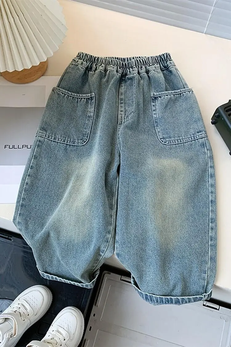 New Spring Autumn Childrens Boys Casual Trousers Foreign Side Pockets Polished Boys Jeans Stretch Versatile Kids Boys Pants