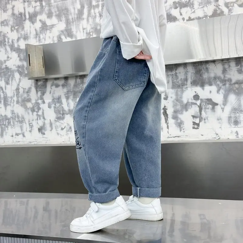 New Spring Autumn Childrens Boys Casual Trousers Foreign Side Pockets Polished Boys Jeans Stretch Versatile Kids Boys Pants