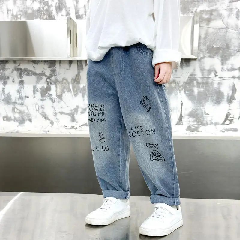 New Spring Autumn Childrens Boys Casual Trousers Foreign Side Pockets Polished Boys Jeans Stretch Versatile Kids Boys Pants