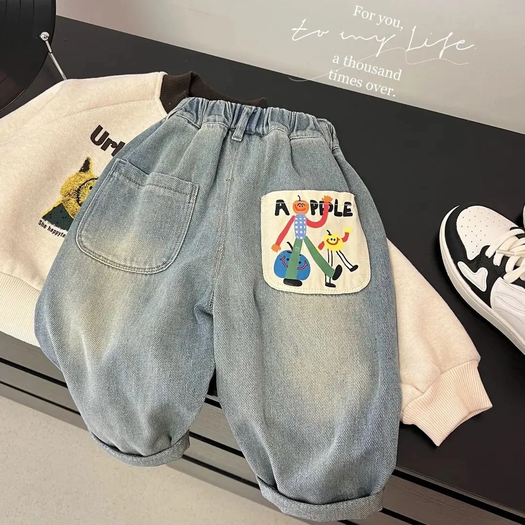 Kids Baby Boys Jeans Anime Pattern Pocket Toddler Boy Denim Pant Elastic Waist Trouser For Children Boys Casual 1-8T Boy Bottoms