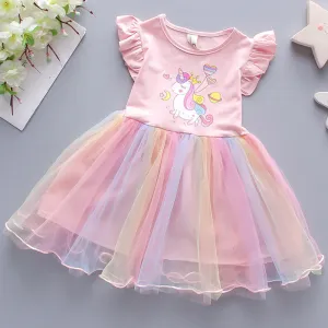 2025 New Girls Clothes Summer Princess Dresses Short Sleeve Cotton Kids Dress Unicorn Party Girls Dresses Children Clothing 3-8Y