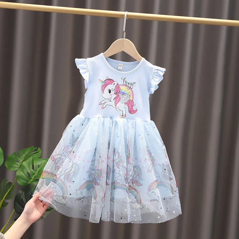 2025 New Girls Clothes Summer Princess Dresses Short Sleeve Cotton Kids Dress Unicorn Party Girls Dresses Children Clothing 3-8Y