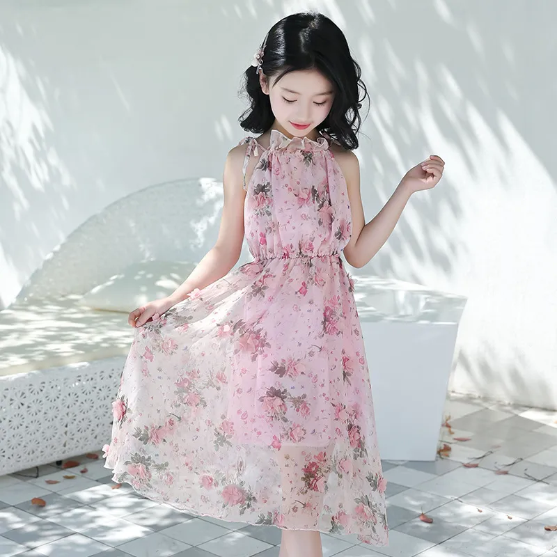 Girls Flower Bohemian Summer Dress ChildKids Girl Beach Dresses Chiffon Dresses Floral Teenager Girl's Clothes 6 8 10 12 14 Year
