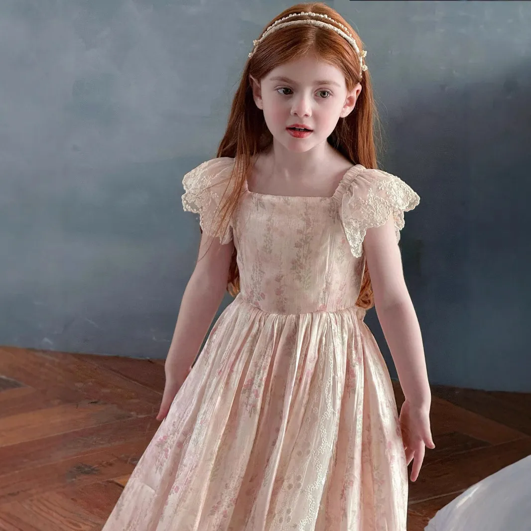 Girls Floral Lace Flying Sleeve Dress