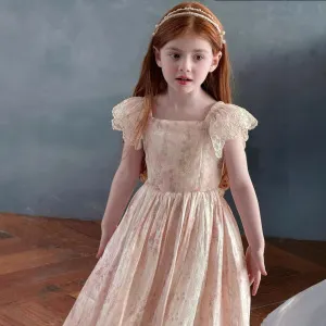 Girls Floral Lace Flying Sleeve Dress 2025 Summer New Girls Sweet Lace Patchwork Dress Girls Forest Style Princess Dress