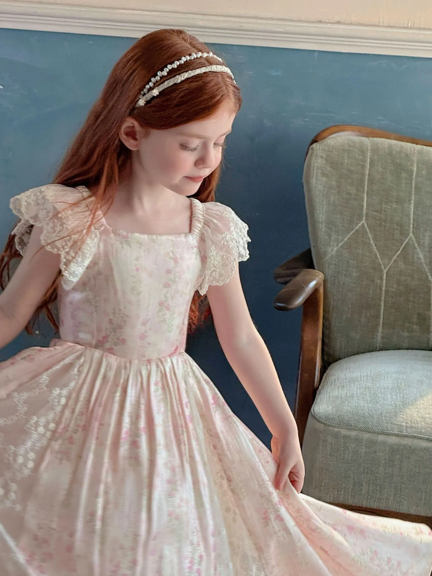 Girls Floral Lace Flying Sleeve Dress 2025 Summer New Girls Sweet Lace Patchwork Dress Girls Forest Style Princess Dress
