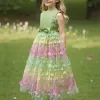 Girl's New Three-Dimensional Butterfly Sleeveless Mesh Bow Long Princess Dress Wedding Flower Girl Birthday Party Elf Dress