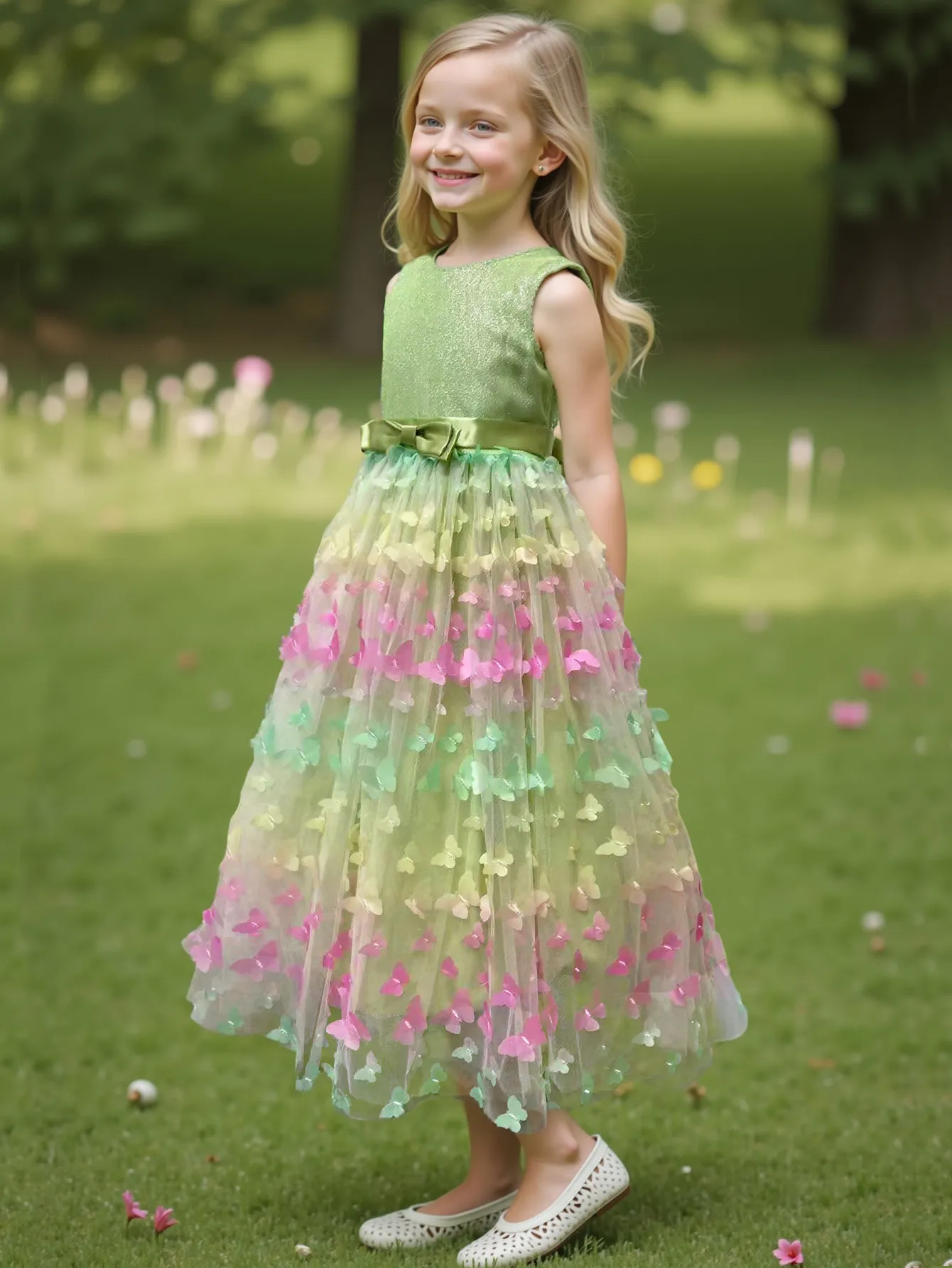 Girl's New Three-Dimensional Butterfly Sleeveless Mesh Bow Long Princess Dress Wedding Flower Girl Birthday Party Elf Dress