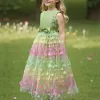 Girl's New Three-Dimensional Butterfly Sleeveless Mesh Bow Long Princess Dress Wedding Flower Girl Birthday Party Elf Dress