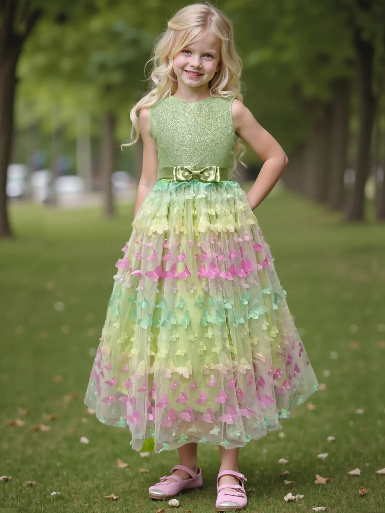 Girl's New Three-Dimensional Butterfly Sleeveless Mesh Bow Long Princess Dress Wedding Flower Girl Birthday Party Elf Dress