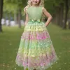 Girl's New Three-Dimensional Butterfly Sleeveless Mesh Bow Long Princess Dress Wedding Flower Girl Birthday Party Elf Dress