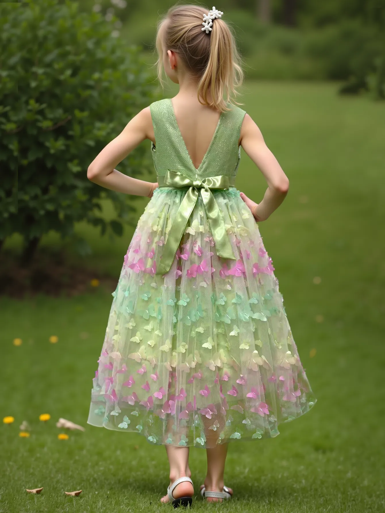 Girl's New Three-Dimensional Butterfly Sleeveless Mesh Bow Long Princess Dress Wedding Flower Girl Birthday Party Elf Dress