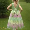 Girl's New Three-Dimensional Butterfly Sleeveless Mesh Bow Long Princess Dress Wedding Flower Girl Birthday Party Elf Dress