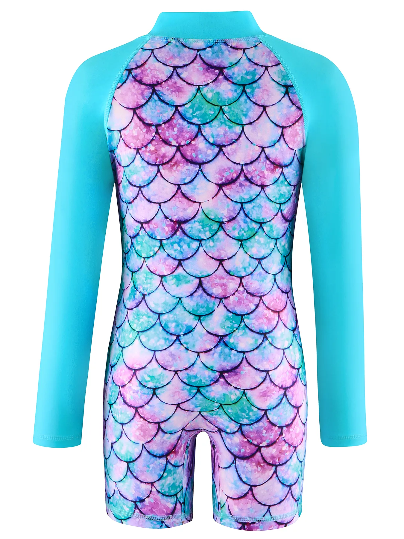 Girls Swimwear One-Piece Swimsuit Boyleg Shorts Long Raglan Sleeve Scale Print Kids Zip Beach Pool Swim Rash Guard Swimming Tops