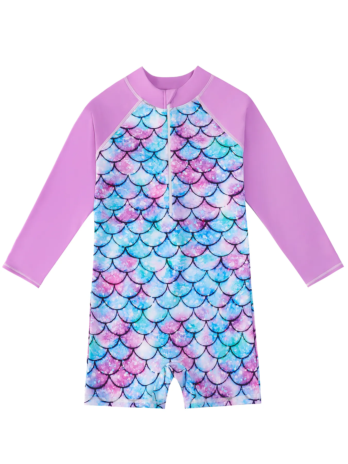 Girls Swimwear One-Piece Swimsuit Boyleg Shorts Long Raglan Sleeve Scale Print Kids Zip Beach Pool Swim Rash Guard Swimming Tops