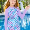 Girls Swimwear One-Piece Swimsuit Boyleg Shorts Long Raglan Sleeve Scale Print Kids Zip Beach Pool Swim Rash Guard Swimming Tops