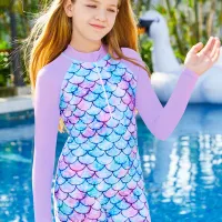 Girls Swimwear One-Piece Swimsuit Boyleg Shorts Long Raglan Sleeve Scale Print Kids Zip Beach Pool Swim Rash Guard Swimming Tops