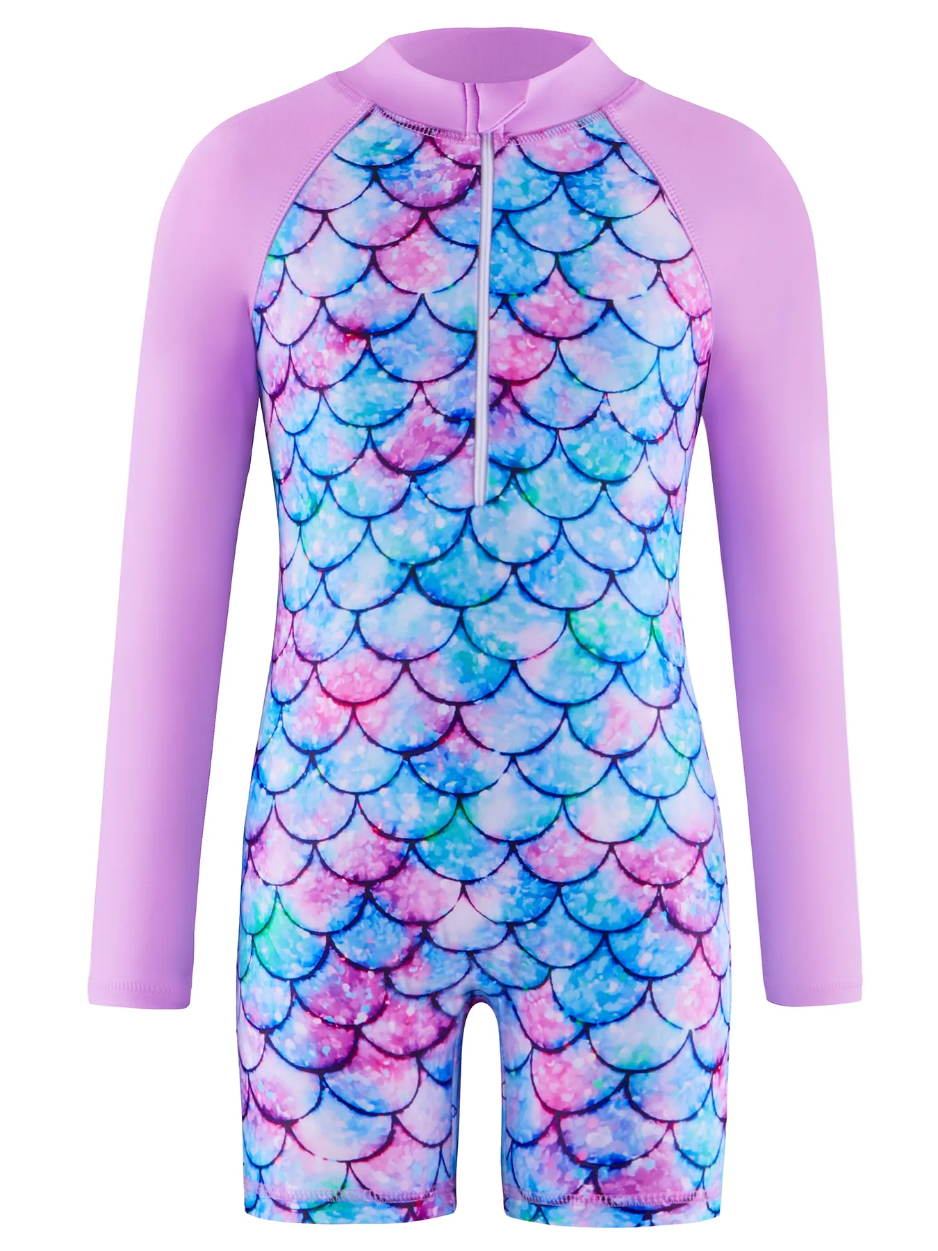 Girls Swimwear One-Piece Swimsuit Boyleg Shorts Long Raglan Sleeve Scale Print Kids Zip Beach Pool Swim Rash Guard Swimming Tops