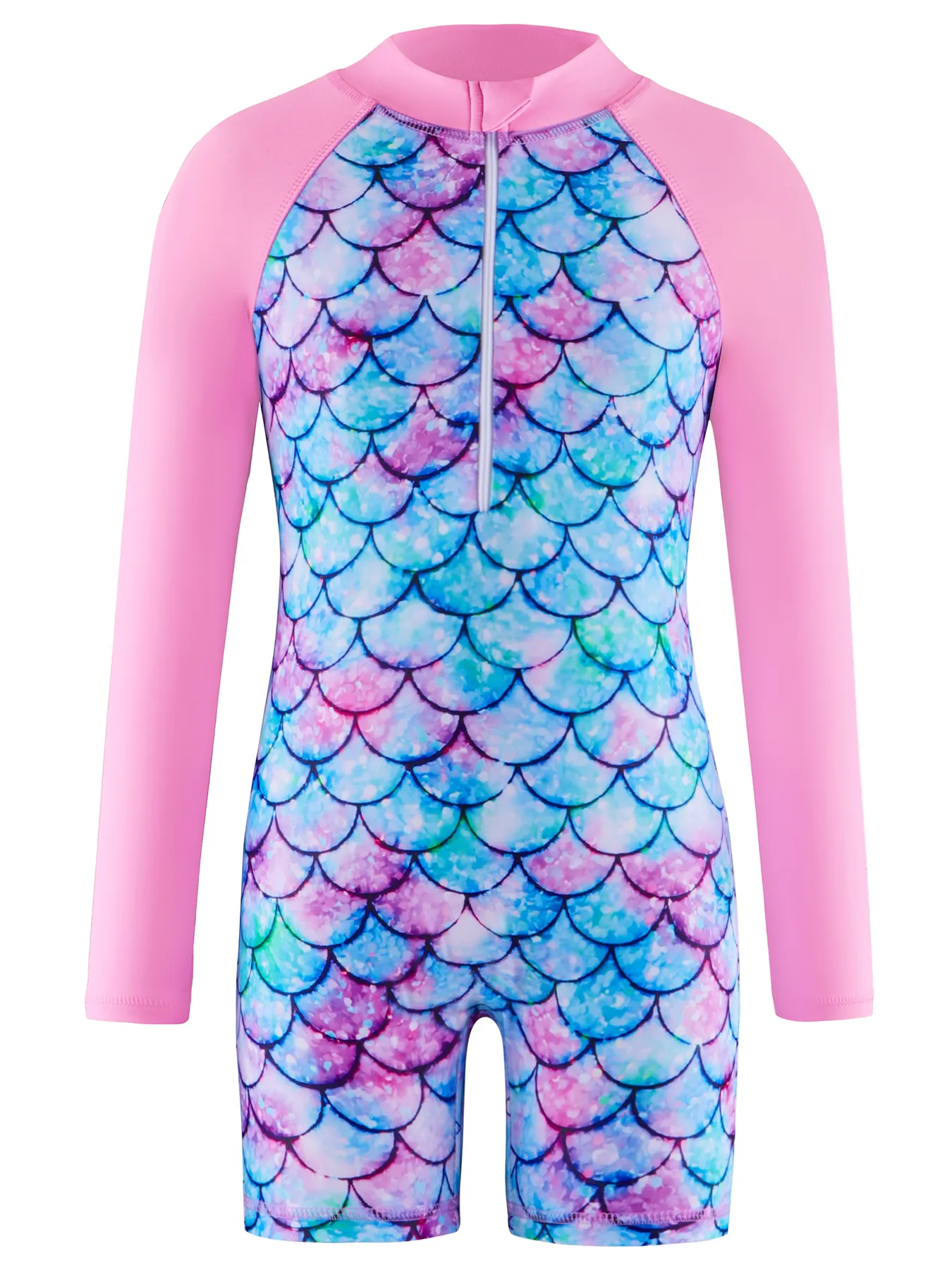 Girls Swimwear One-Piece Swimsuit Boyleg Shorts Long Raglan Sleeve Scale Print Kids Zip Beach Pool Swim Rash Guard Swimming Tops