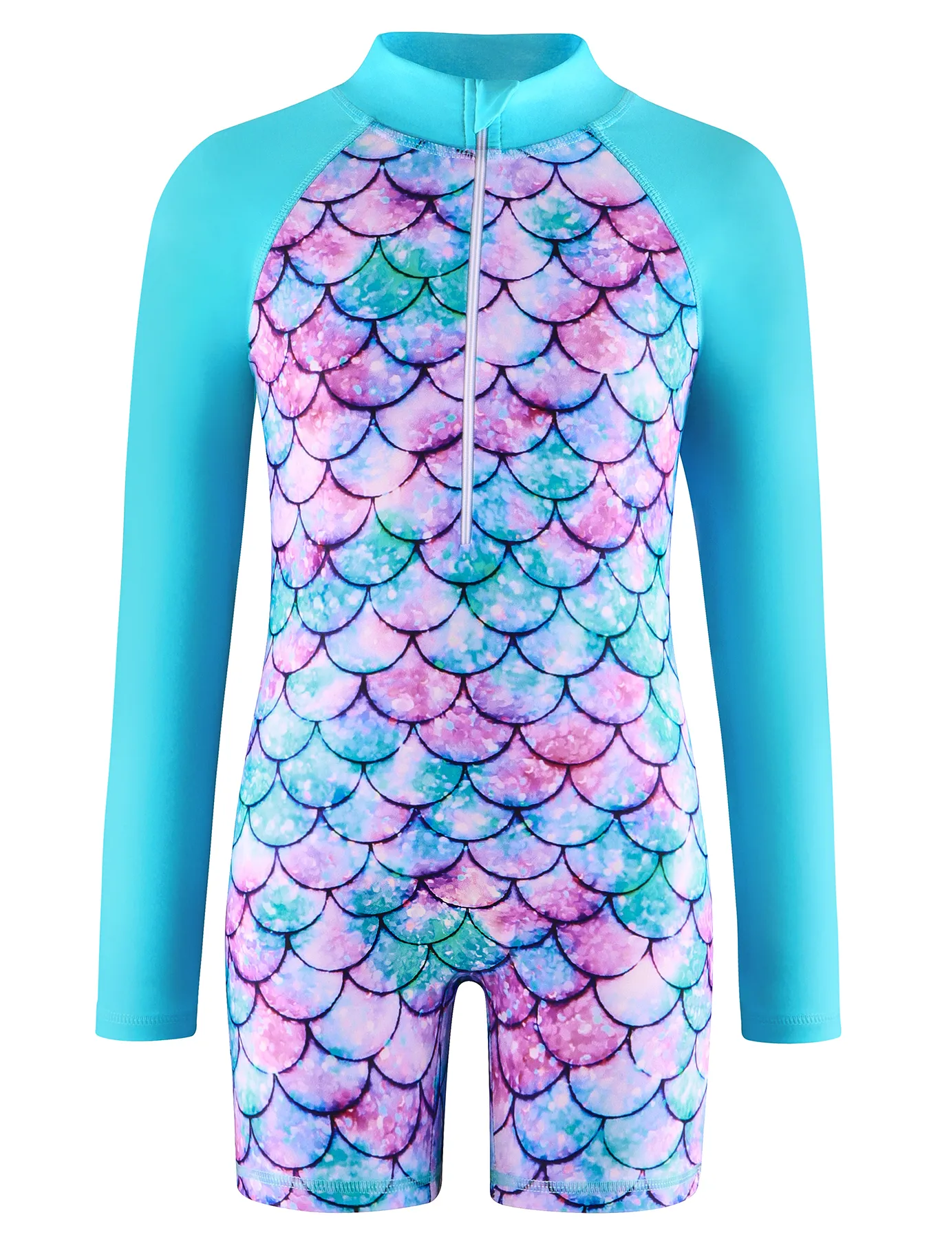 Girls Swimwear One-Piece Swimsuit Boyleg Shorts Long Raglan Sleeve Scale Print Kids Zip Beach Pool Swim Rash Guard Swimming Tops