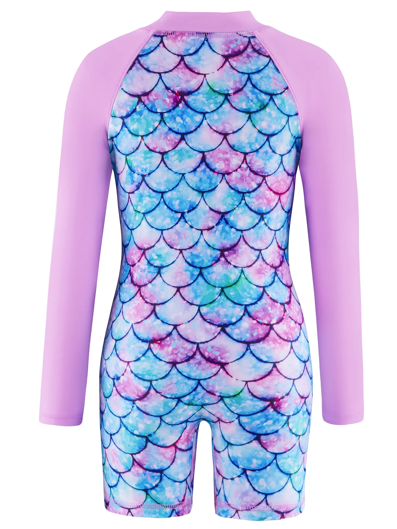 Girls Swimwear One-Piece Swimsuit Boyleg Shorts Long Raglan Sleeve Scale Print Kids Zip Beach Pool Swim Rash Guard Swimming Tops