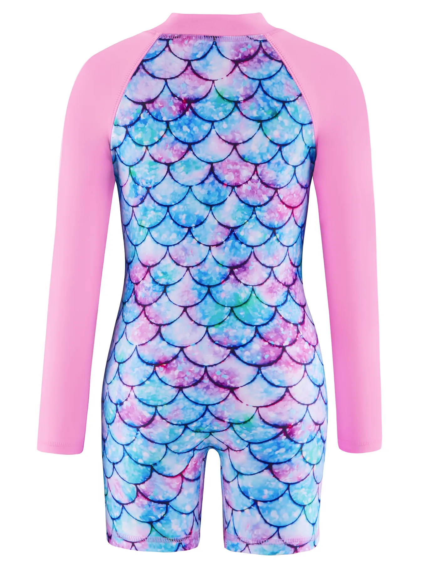 Girls Swimwear One-Piece Swimsuit Boyleg Shorts Long Raglan Sleeve Scale Print Kids Zip Beach Pool Swim Rash Guard Swimming Tops