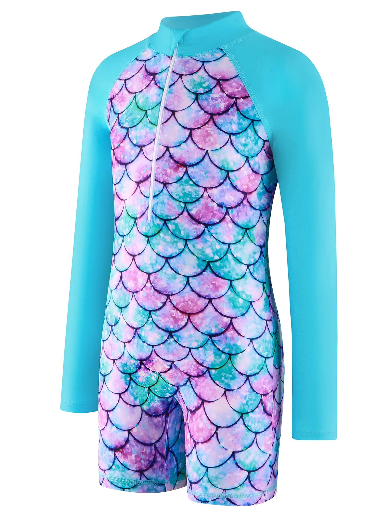 Girls Swimwear One-Piece Swimsuit Boyleg Shorts Long Raglan Sleeve Scale Print Kids Zip Beach Pool Swim Rash Guard Swimming Tops