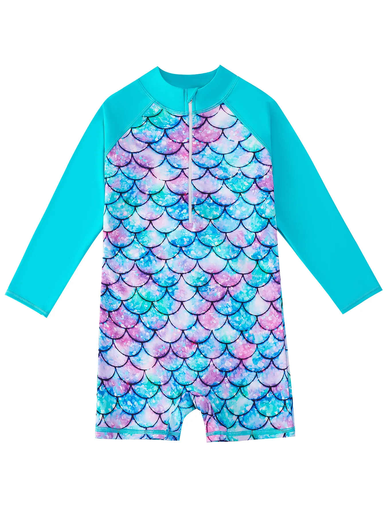 Girls Swimwear One-Piece Swimsuit Boyleg Shorts Long Raglan Sleeve Scale Print Kids Zip Beach Pool Swim Rash Guard Swimming Tops
