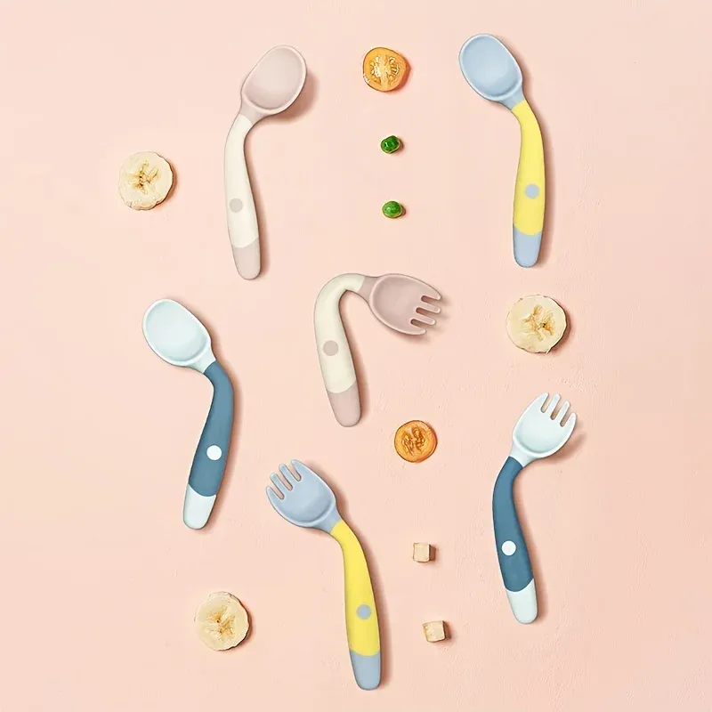 Baby Fork and Spoon Set Bendable Toddler Utensils Soft Silicone Handle Training Tableware Self Feeding Tools for Infants Kids BP