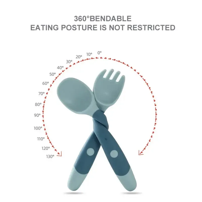 Baby Fork and Spoon Set Bendable Toddler Utensils Soft Silicone Handle Training Tableware Self Feeding Tools for Infants Kids BP