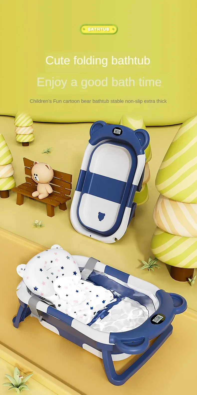 Folding Baby Bath Tub With Thermometer, Suitable For Babies 0-36 Months Old, Portable And Lightweight, Suitable For Outdoor Bath