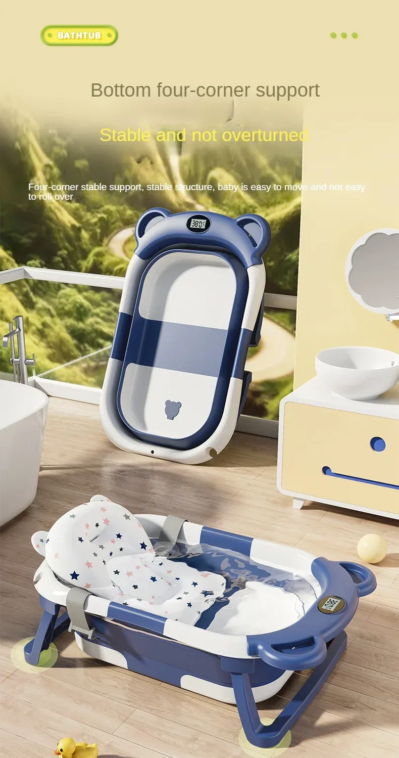 Folding Baby Bath Tub With Thermometer, Suitable For Babies 0-36 Months Old, Portable And Lightweight, Suitable For Outdoor Bath