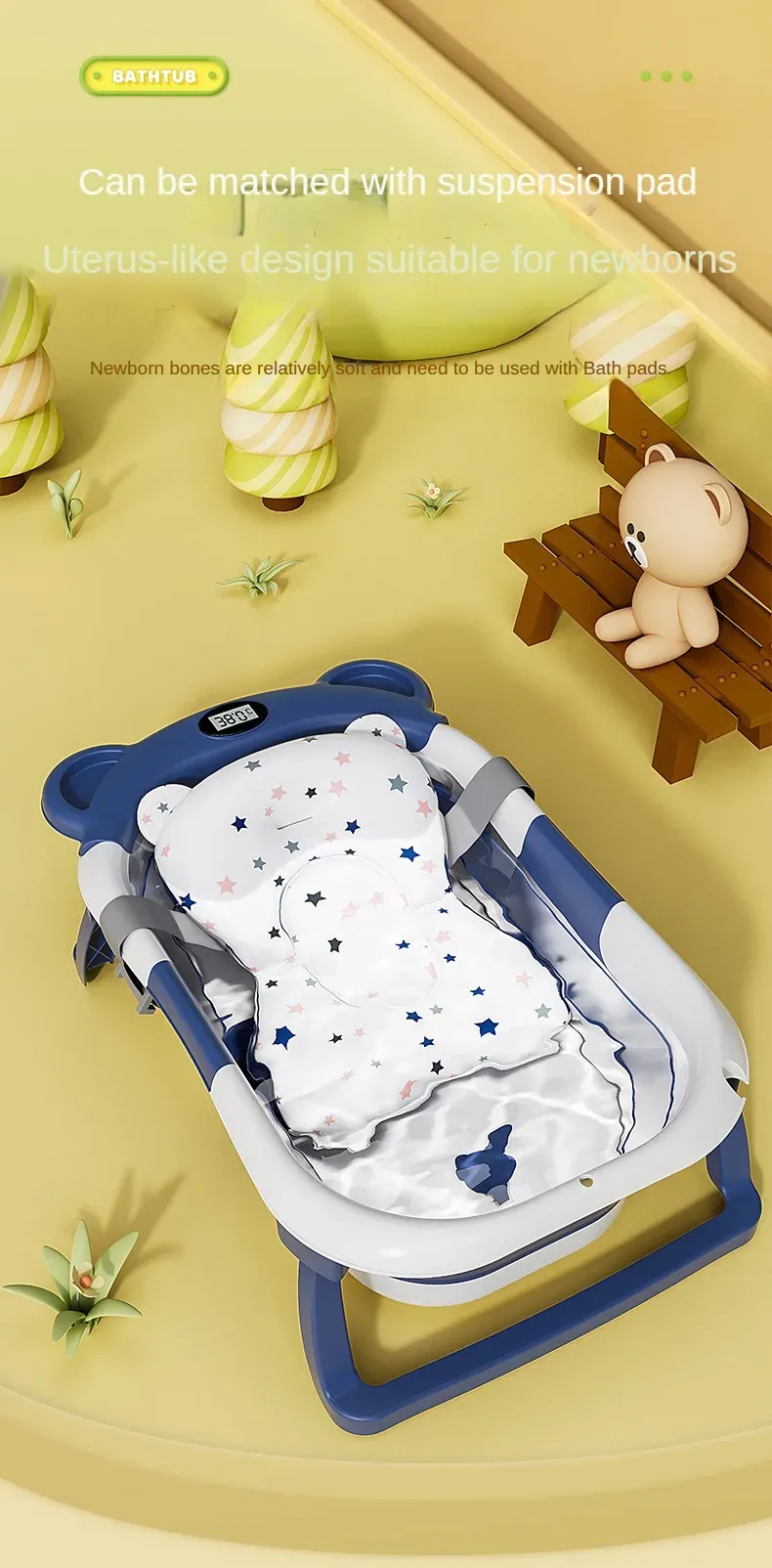 Folding Baby Bath Tub With Thermometer, Suitable For Babies 0-36 Months Old, Portable And Lightweight, Suitable For Outdoor Bath