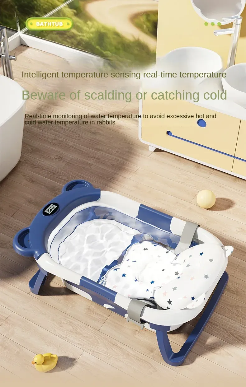 Folding Baby Bath Tub With Thermometer, Suitable For Babies 0-36 Months Old, Portable And Lightweight, Suitable For Outdoor Bath