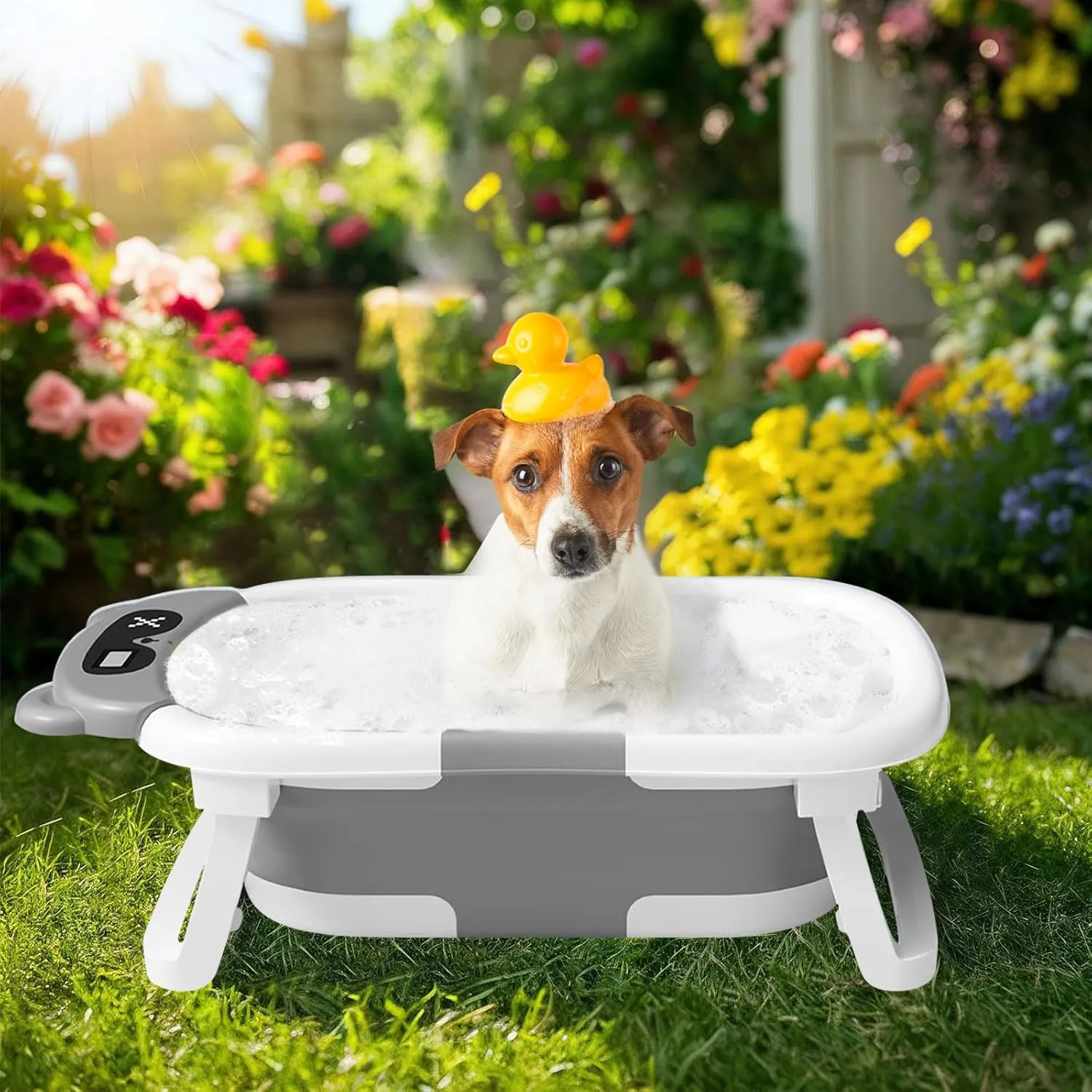 Baby Bath Tub with Bath Cushion Foldable Bathtub with Thermometer Shower Cap Shower Brush for Newborn and Toddler 0-36 Months