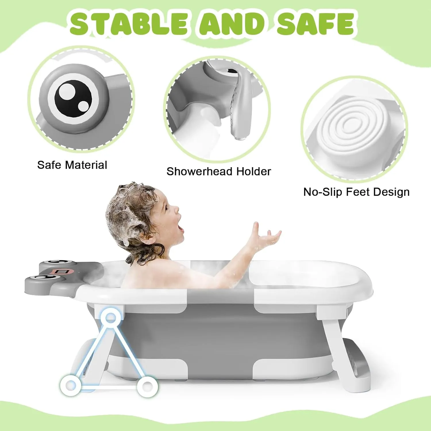 Baby Bath Tub with Bath Cushion Foldable Bathtub with Thermometer Shower Cap Shower Brush for Newborn and Toddler 0-36 Months