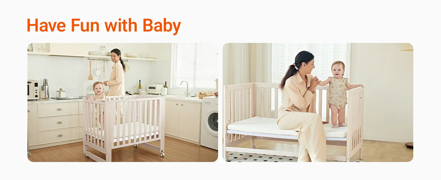 EvoNest 11-in-1 Convertible Baby Crib With Removable Wheels, Washed Natural, 4 Mattress Heights, New Zealand Pinewood, MAMAZING