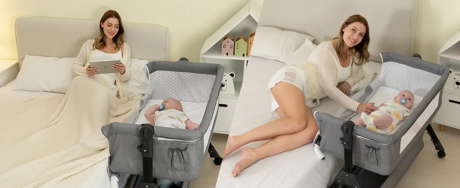 3 in 1 Baby Bassinet Bedside Sleeper, Bedside Crib for Baby, Adjustable Baby Bassinet with Wheels, Storage Basket, Mattress