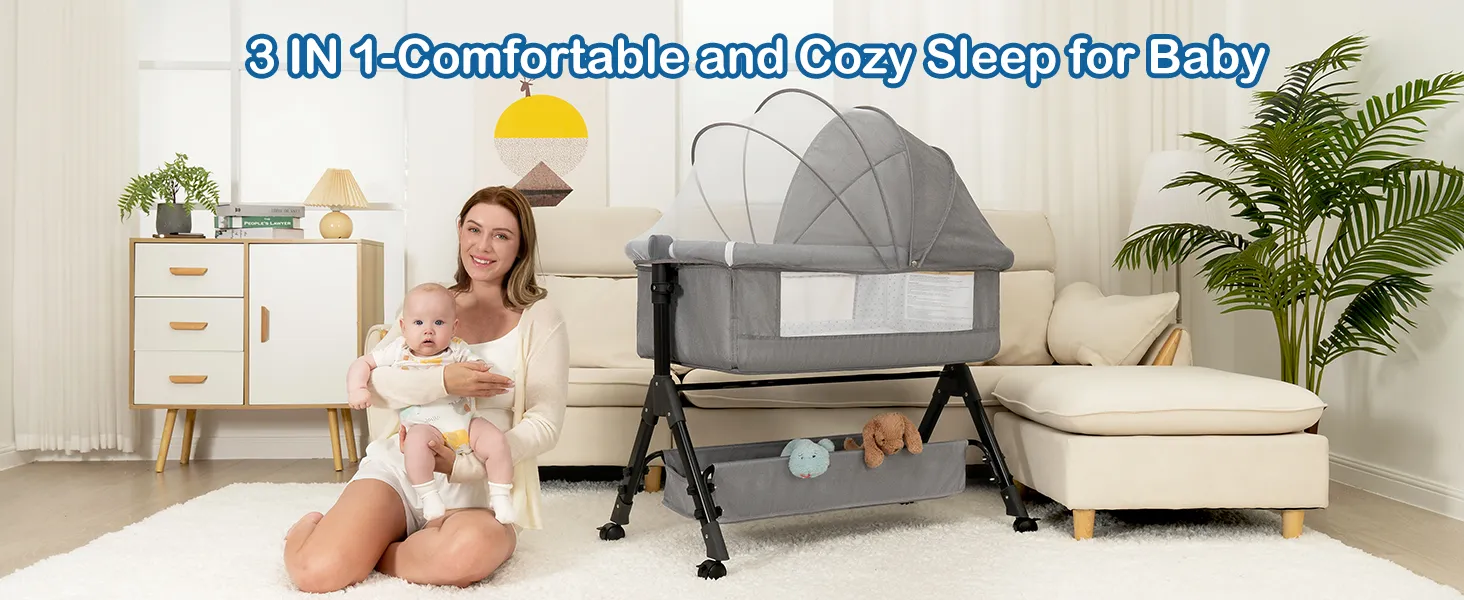 3 in 1 Baby Bassinet Bedside Sleeper, Bedside Crib for Baby, Adjustable Baby Bassinet with Wheels, Storage Basket, Mattress