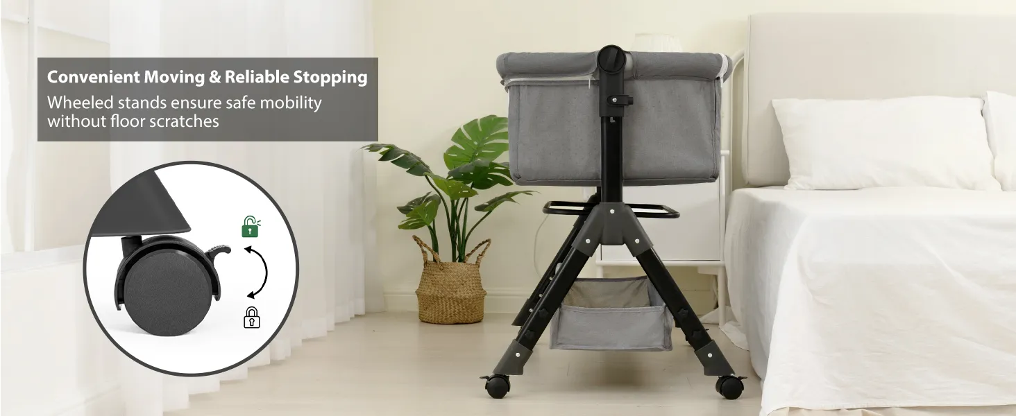 3 in 1 Baby Bassinet Bedside Sleeper, Bedside Crib for Baby, Adjustable Baby Bassinet with Wheels, Storage Basket, Mattress