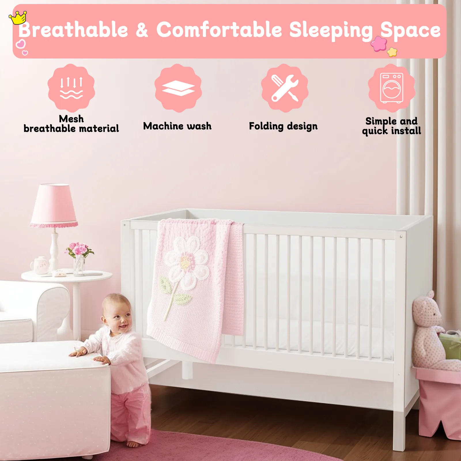 Breathable Mesh Cover Breathable Mesh Liner Cribs Portable Stretchy Crib Bumper Cover Indoor Children's Sleep Safety Cover