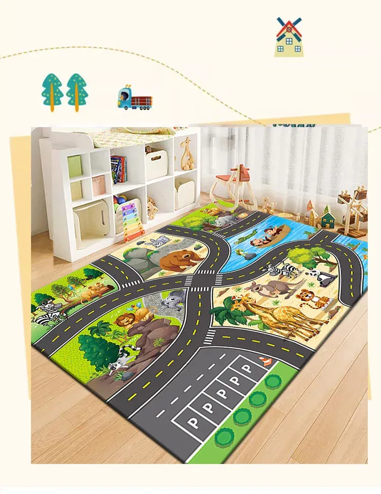 Baby Play Mat Crawling Mat Cartoon Runway Carpet Parking Lot Road Game Mat Home Non-slip and Dirt-resistant Foot Mat Baby Toys