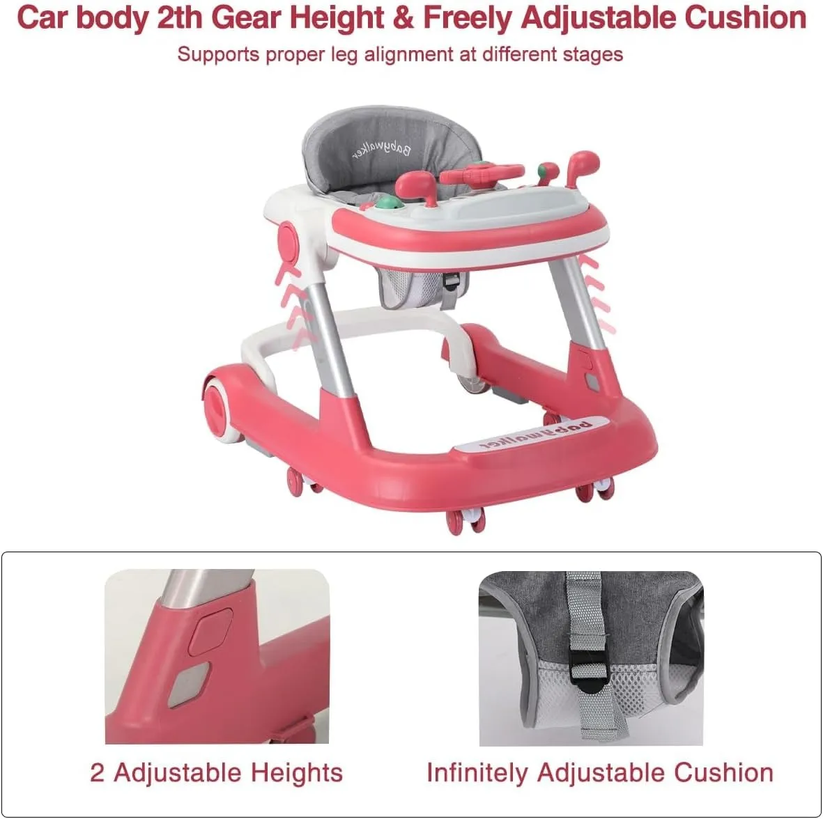 2 in 1 Baby Walker, Toddler Baby Push Walker with Removable Feeding Tray and Music Tray(Without Battery), Foldable Walker