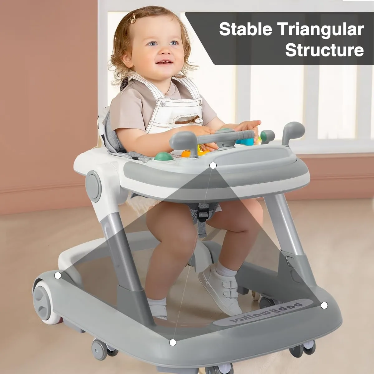 2 in 1 Baby Walker, Toddler Baby Push Walker with Removable Feeding Tray and Music Tray(Without Battery), Foldable Walker